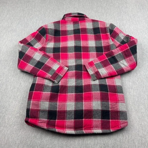 Carhartt‎ Flannel Shirt Girls Large 14 Pink Black Plaid Sherpa Lined Snap Button - Picture 9 of 10